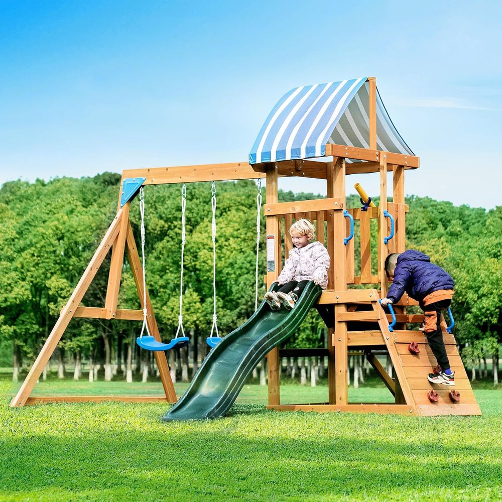 Kids Outdoor Swing And Slide - Balanço de madeira para quintal, Equipamento